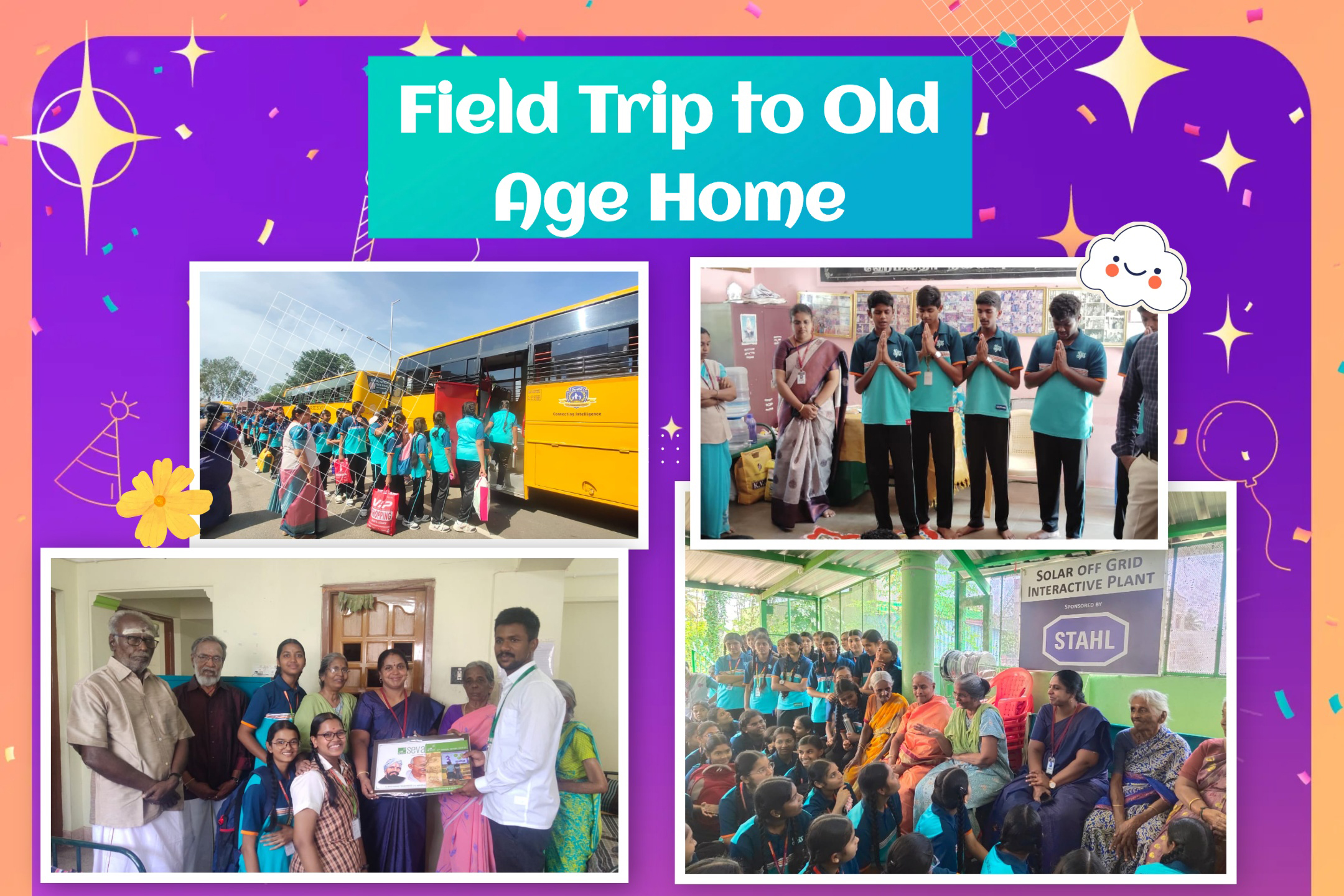 To instil empathy and respect for the elderly, Senthil Public School, Dharmapuri, organized a field trip to Madhar Sangam (Boys) and Sevalaya Old Age           Home (Girls) for Class X students.