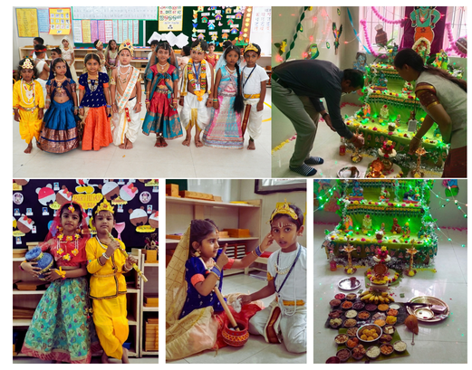 Our Montessori little stars radiated happiness and devotion as they celebrated the beautiful festival of Krishna Jayanthi.  Dressed as charming little Krishnas and lovely Radhas, our tiny tots filled the day with vibrant colours, cheerful smiles, music, and festive spirit.  Their adorable costumes and joyful expressions beautifully reflected the innocence and playful charm of Lord Krishna’s childhood.
