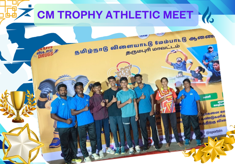 The talented athletes of Senthil Public School, Dharmapuri, delivered an outstanding performance at the CM Trophy Athletic Meet held at SDAT Stadium, Dharmapuri. Our students showcased their speed, strength, and determination, winning several medals in track and field events, including the 100m, 200m, 400m, and Long Jump.