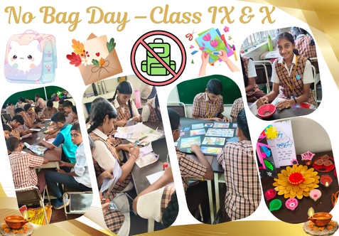 No Bag Day was organised for the students of Classes IX and X, providing an enjoyable and creative learning experience. Students participated in collage making, diya decoration, and greeting card preparation activities.