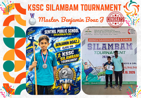 From our school Under – 14 category Boys, participated in the KSSC Silambam Tournament held at Velalar Vidyalaya Senior Secondary School, Erode on 08.10.2026(Thursday). Under - 14 (BOYS) ✨ Master. Benjamin Boaz J – Class VIII-F won II place and got Silver Medal.