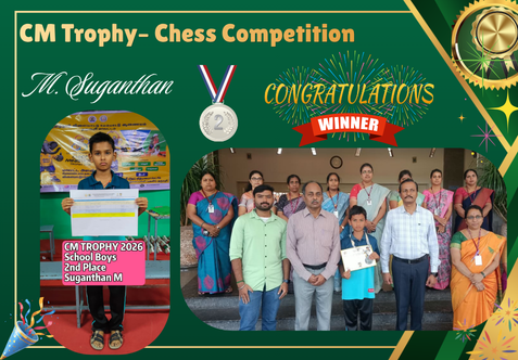 A student of Senthil Public School, Adhiyamankottai, Dharmapuri, brought laurels to the school by securing Second Place in the District-Level Chief Minister’s Trophy – 2026 Chess Competition, held at Dharmapuri District Sports Stadium.