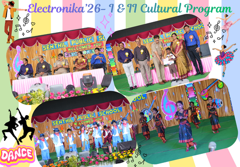 Senthil Public School – I & II Compartment presented ELECTRONIKA ’26, a spectacular cultural extravaganza celebrating dance, creativity, and expression. The stage came alive with mesmerising performances that beautifully blended tradition, entertainment, energy,   and emotion. Each performance showcased the students’ dedication, confidence, teamwork, and artistic talents, captivating the audience and creating unforgettable memories.
